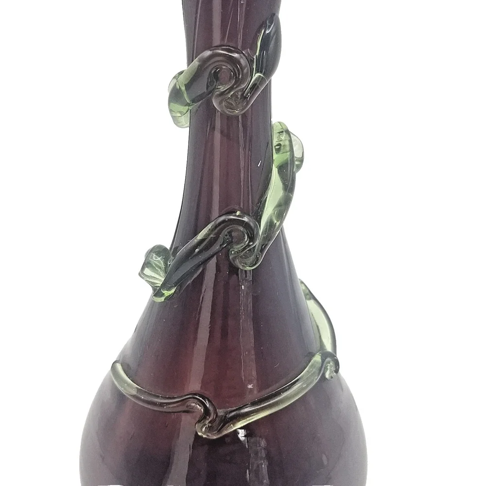 Antique Bohemian Purple Art Glass Vase Uranium Green Applied Vine Ruffled c1900